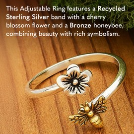 NINA DESIGNS Recycled Sterling Silver Flower & Bronze Bee Ring - Adjustable Ring Symbolizing Growth and Harmony, Nature-Themed Jewelry for Women.