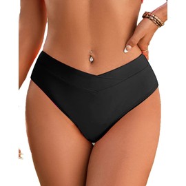 Fanuerg - Traje de baño para mujer con parte inferior de bikini cruzada, corte en V, cobertura completa, Negro -, X-Small