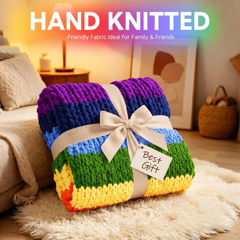 Buryeah Rainbow Chunky Knit Throw Blanket 50"x60" Soft Knitted Throw