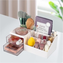 Organizador de maquillaje con cajones, organizador de encimera/organizador de computadora, almacenamiento de maquillaje para encimera de baño para cosméticos, pinceles, sombras de ojos, lápiz labial, esmalte de uñas, artículos diversos y joyas (blanco)