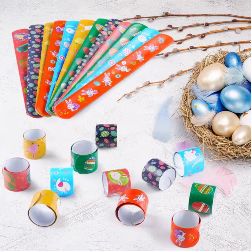 FUSHENMU 48pcs Easter Slap Bracelets Easter Egg Bunny Snap Bracelet