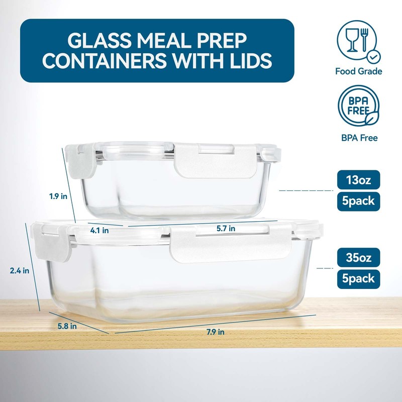 BAYZZ 10 Pack Glass Meal Prep Containers, Glass Food Storage