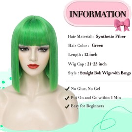 YOROSTAR Green Straight Bob Wig With Bangs - Short Green Straight Bob Wigs for Women, 12inch Synthetic Bangs Wig for Daily Party Halloween Cosplay Use