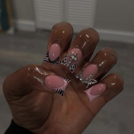 24Pcs Pink Duck Press on Nails Medium Handmade Fake Nails Acrylic Duck Nails Press ons Leopard French Tip False Nails with 3D Butterfly, Rhinestone Design Full Cover Glue-Free Nails for Women