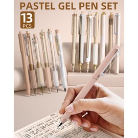 Nicpro 13PCS Pastel Gel Ink Pen Set with Case, Cute Retractable 0.5mm Fine Point Pen, 12 Black Ink Pen with 1 Highlighter, Aesthetic Drawing Pen for Student Note Taking,Writing,Office Supplies (Brown)