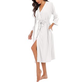 Magic Armor Women's Bathrobe Lightweight 3/4 Sleeve Dressing Gown Soft and V-Neck Kimono Robes Long Sleepwear with Pockets S–XXL, White