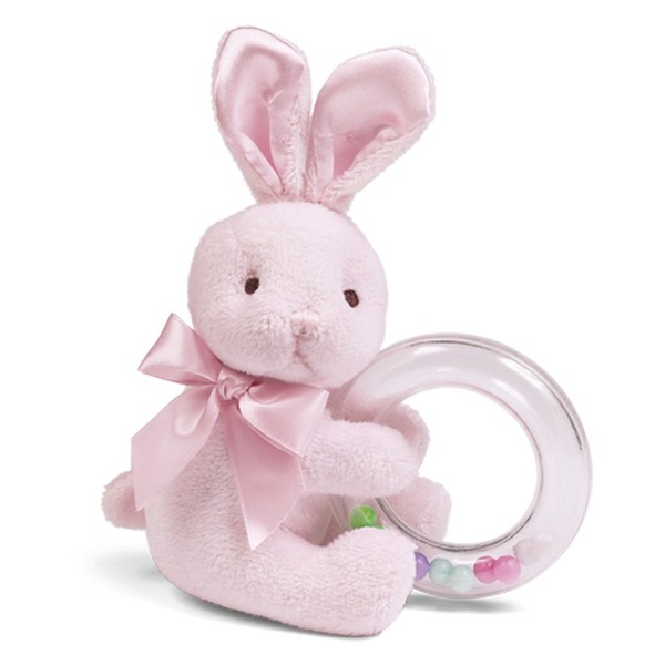Bearington Baby Cottontail Plush Stuffed Animal Pink Bunny Shaker Toy Ring Rattle, 5.5"
