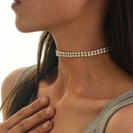 Allereya Boho Layered Tennis Choker Necklace Rhinestone Tennis Necklaces Silver Tennis Chain Necklace Series CZ Necklace Tennis Crystal Necklace Jewellery for Women, Zinc