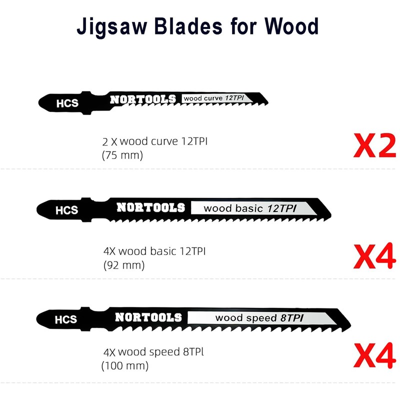 NORTOOLS Jigsaw Blade Set 10 Pcs T Shank HCS Clean