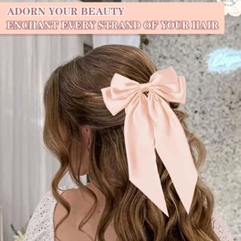 STGDAK Hair Bow Elegant Bow Hair Clips Champagne Pink Hair Ribbon Long Tail Hair Bow Clips Satin Bowknot Barrettes Metal Clips Bow Hair Accessories For Women Girls