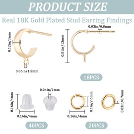 CREATCABIN 18Pcs Half Hoop Earring Findings 18K Gold Plated Brass Round Stud Earrings with Loop Huggie Earrings Posts with Ear Nuts Open Jump Rings for DIY Jewelry Dangle Earring Making Accessories