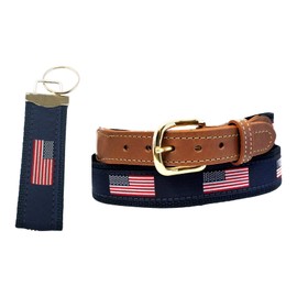 AQUALARM American Flag Belt on Navy Webbing, Leather Tips, with American Flag Key Chain (Navy, 48 (46 waist size))