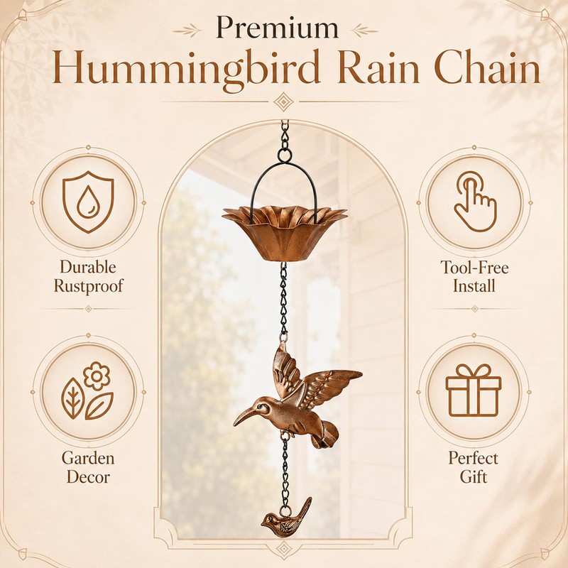 Humming Bird Rain Chain for Gutters, 8.5ft Hummingbird & Lotus