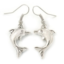 Cute Dolphin Drop Earrings/Silver Tone/ 40mm L