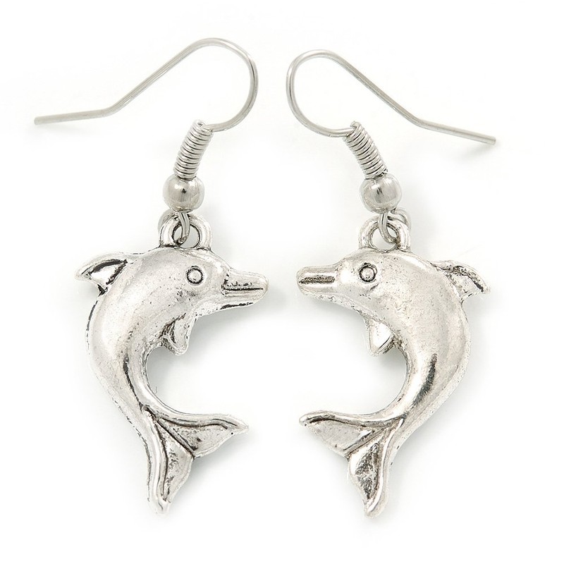 Cute Dolphin Drop Earrings/Silver Tone/ 40mm L