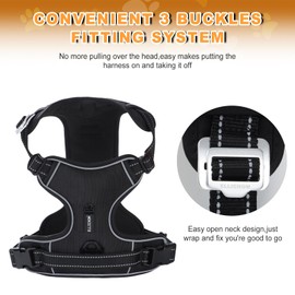 Ellichom No Pull Dog Harness with 3 Snap Buckles,No Choke Front Lead pet Harness Reflective and Adjustable Soft Padded Vest for Small Medium Large Dog (Large, Black)