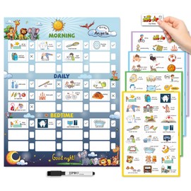 JJPRO Bedtime/Daily/Morning All-in One Routine Chart for Kids,Daily Schedule Board for Toddler, Routine Checklist for Kids at Home, Large Routine Chart for Non-Magnetic Fridge-Safari Park