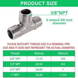 SWZHAI 2PCS Tee Pipe Fittings 3/8" x 3/8" x 3/8" NPT Male Thread 304 Stainless Steel T-Shaped 3 Way Tube Fittings