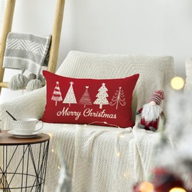 RLCMO Christmas Trees Throw Pillow Cover Merry Christmas 12 x 20 Inch Linen for Sofa Couch Waist Pillowcase Decoration Room Home Decor Car Cushion Cover Seat Cushion (Red)