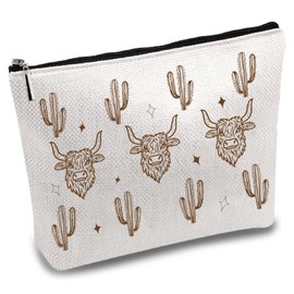 CREATCABIN Western Cow Makeup Bags Canvas Cosmetic Bag Multi Purpose Case Zipper Pouches Toiletry Travel Storage Bag Purse Portable Storage Organizer for Cowgirl Stuff Animal Lover Women Gift 10x7Inch
