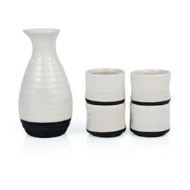 True Fervor 5 Piece Ceramic Hot and Cold Sake Carafe and Cup Set, One 8 oz Sake Carafe and Four 3.5 oz Sake Cups, White