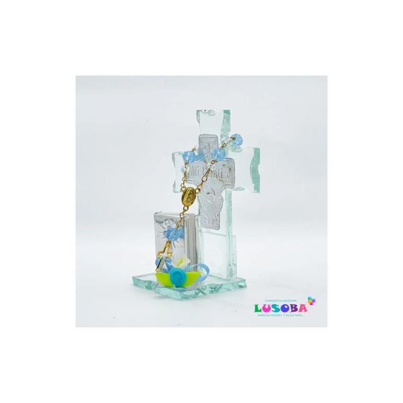 Cruz de Cristal con Mono y Mini Biblia Azul 12