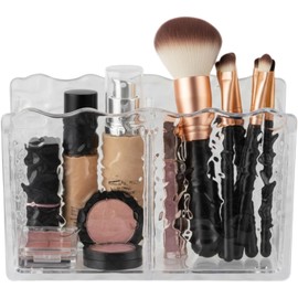 Organizador de Maquillaje Portabrochas con Diseño de Ondas, Caja de Almacenamiento para Cosméticos y Utensilios con 2 Compartimentos, para Brochas, Pinceles, Lápices Labiales