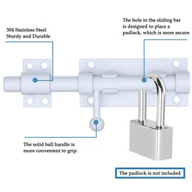 Litensh Gate Bolt Gate Slider with Hole for Padlock 304 Stainless Steel 12 mm Sliding Bolt Diameter Lockable Door Bolt Bolt Throw Bolt Lock Bolt (160 mm White)