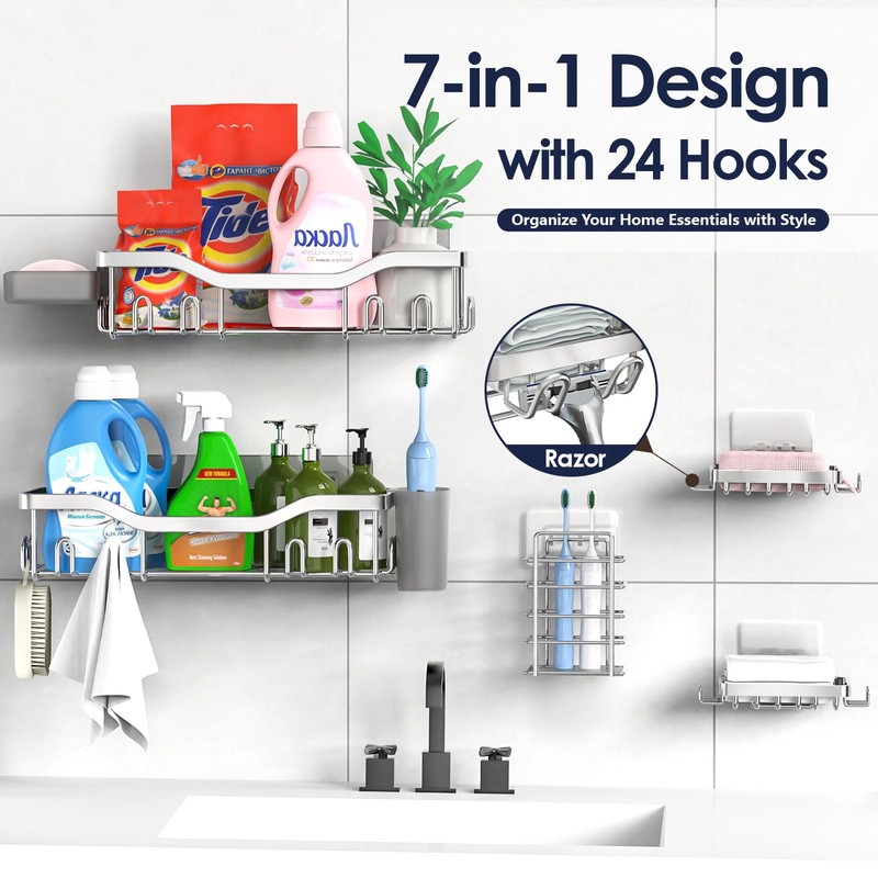NESOMI Shower Caddy Adhesive Shower Organizer 7-Pack, Rustproof Stainless Steel