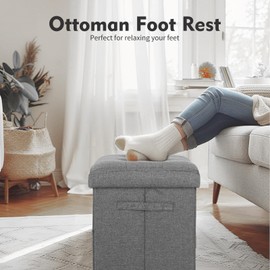 FaiPue Storage Ottoman. Foot Rest Stool with Thicker Foam Padded Seat. Linen Footstool Storage Bench, 350 lbs Folding Bench Small Ottoman for Living Room, Bedroom, Coffee Table. 17x13x13in, Dark Gray