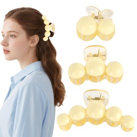 Hair Claw Clips for Fine Hair Pearl Hair Clips for Thick Hair, 3Pcs Non-Slip Strong Pearl Hair Clips for Women(Beige)