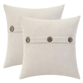 HWY 50 Beige Chenille Throw Pillow Covers 18x18 Inch with Triple Buttons, Soft Farmhouse Accent Decorative Cushion Cases for Couch Sofa Bed Living Room Bedroom Pack of 2