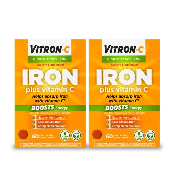 Vitron-C High Potency Iron Supplement with 125 mg Vitamin C, Dye Free, Vegan, Gluten Free, 60 Count, Pack of 2