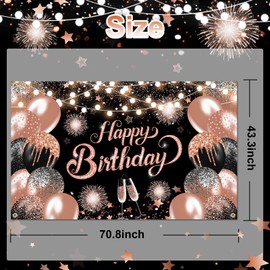 Lecheme Rose Gold Happy Birthday Backdrop 6x4ft Black Pink Birthday Banner Happy Birthday Photo Backdrop for Women Girls Birthday Party Background Decorations