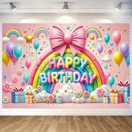 Rainbow Happy Birthday Backdrop Banner Cute Pink Rainbow Photography Background for Girls Sweeties Home Outdoor Birthday Party Decoration Supplies 70.8 x 47.2 Inch