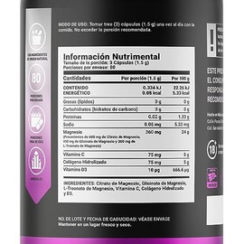 Mezcla de Magnesios Premium con 240 Cápsulas 1500mg por porción. Adicionado con Colágeno Hidrolizado, Vitamina D3 y Vitamina C. 3 Mag Platinum B Life.