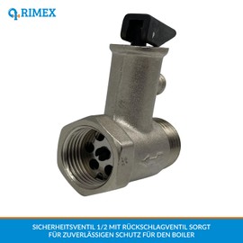 Rimex Safety Valve 1/2 Inch Pressure Relief Valve Made of Brass for Boiler Valves for Water Boiler Heating with Seal and EPDM Membrane with Check Valve