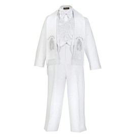 Little Boys White Baptism Christening Paisley Lapel Tuxedo with Silver Maria Estola Scarf size 7