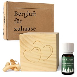 Zirben-Würfel Duft-Set | Zirbenholz-Würfel mit Motiv und Tropfstruktur + Zirben-Öl (10 ml) | Duftspender aus Holz (Herz)