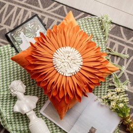 Archie & Pixie Set of 2 Sunflower 3D Pattern Faux Velvet Throw Pillow Cushion Covers 18" X 18" (Orange)