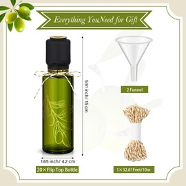 Reallnaive 20 Pcs 4 oz Mini Glass Olive Oil Bottles Empty Sauce Condiment Bottles with Dropper Inserts and Sticker Seals Caps for Gifts Kitchen (Dark Green,Olive Pattern)