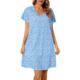 Tugege Women's Nightgown Short Sleeve Sleepshirts House Dress Sleepwear Casual Print Pajama (Blue Floral, Large)