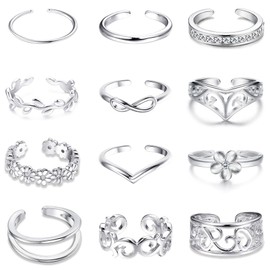Jstyle 12Pcs Adjustable Toe Rings for Women Various Types Band Open Toe Ring Set Women Gift Jewelry