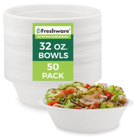 Freshware Paper Bowls - Disposable 32 oz Soup Bowl, 50-Pack Biodegradable Sugarcane Fiber Serving Bowls - Heavy Duty Bagasse for Hot Food Plates - Microwave & Freezer Safe, Stackable Dinnerware