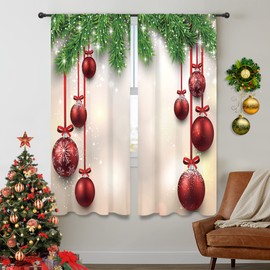 Riyidecor Christmas Curtains Xmas Red Balls Rod Pocket New Year Green Pine Tree Branches Fir Twigs Winter Art Printed Living Room Bedroom Window Drapes Treatment Fabric 2 Panels 42 x 63 Inch