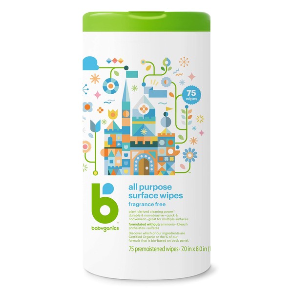 Babyganics All Purpose Surface Wipes, 75 ct, Plant Based and Non-Abrasive, No Ammonia, No Bleach, Packaging May Vary