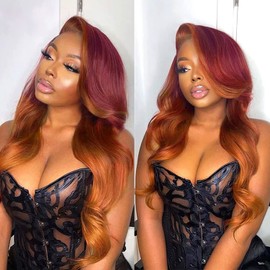 haha Ginger Ombre Lace Front Wig Human Hair 13x4 Hd Lace Frontal Wig Body Wave Red Orange Skunk Stripe Wig Human Hair Highlight Lace Front Wig Pre Plucked Colored 150% Density 20 Inch
