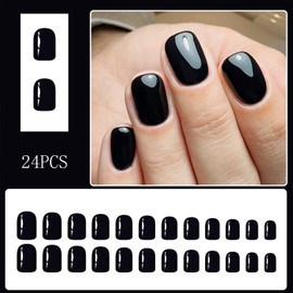 Black Press on Nails Short Fake Nails Square False Nails Press Ons with Solid Color Designs Glossy Pure Black Acrylic Nails Natural Full Cover Stick on Nails for Women Manicure 24 Pcs