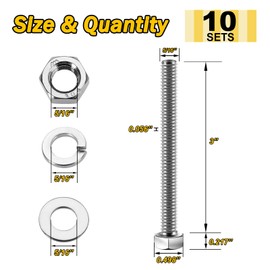 Mywish (10 Sets) 5/16-18x3 Hex Head Assorted Screws Nuts and Bolts with Flat & Lock Washers, 304 Stainless Steel 18-8, Fully Threaded, 5/16 Bolt Metric Bolt Assortment