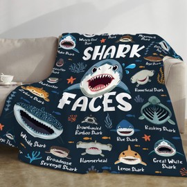 Shark Blanket for Kids Adults Boys, Shark Gifts for Shark Lovers, Shark Faces Blanket Shark Themed Gifts, Types of Sharks Throw Blanket Soft Flannel Educational Birthday Home Decor 50''x 40''